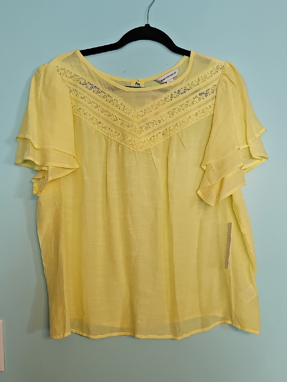 Counterparts Yellow Lace Yoke Flutter Sleeve Blouse